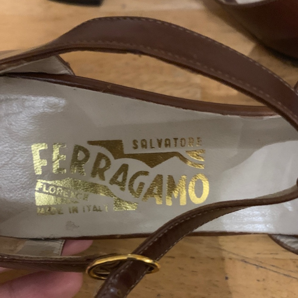 Salvatore Ferragamo Brown Leather T-Strap Heels - Picture 2 of 6